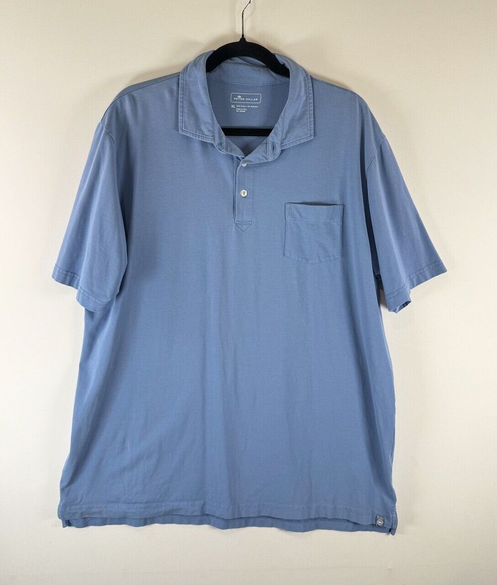 Peter Millar Mens Polo Shirt Blue Short Sleeve Cotton Pocket Casual Golf Size XL